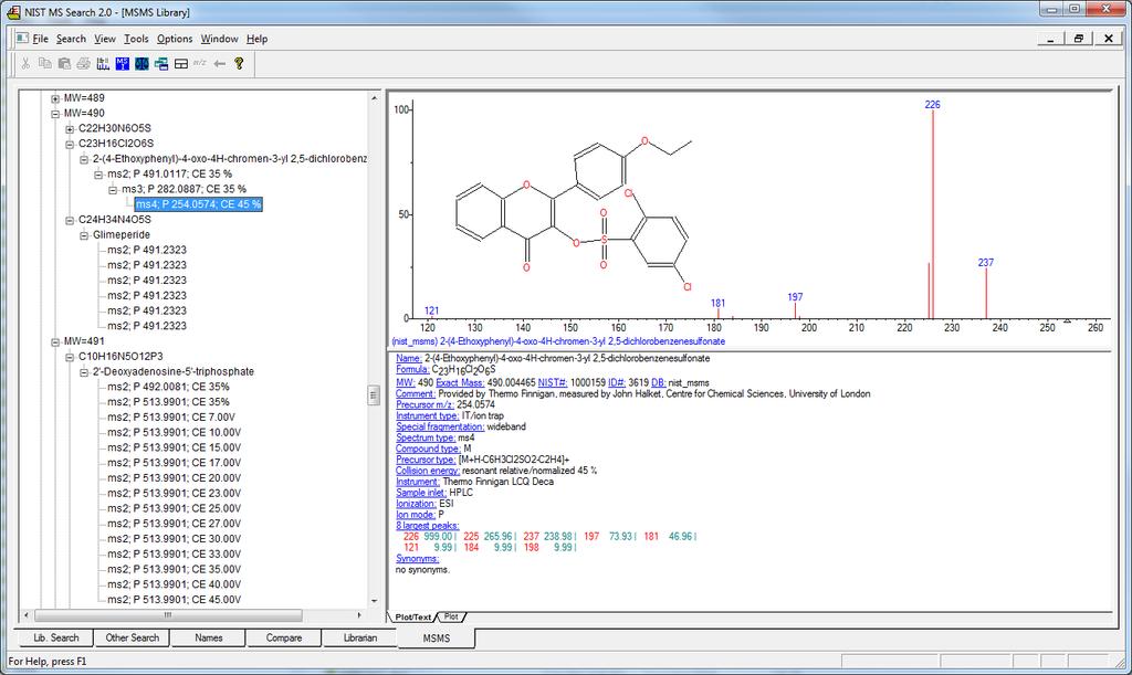 NIST MS Search GUI and NIST12 DB 120,000 MS/MS spectra; 15,000 precursor ions (adducts); 7000 compounds MS2, MS3,