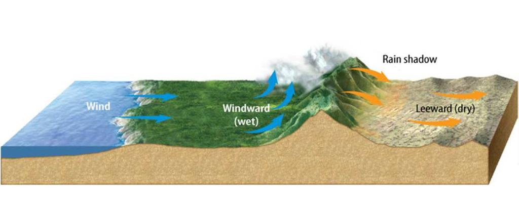 Mountains can affect the amount of precipitation an area receives a phenomenon known as the rain-shadow effect.