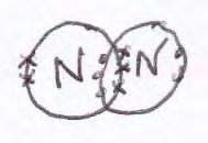 10(b)(ii) all dots, all crosses or any other symbol for the electrons First Mark Three pairs of electrons between the nitrogen atoms Two or three of the 3 pairs of electrons circled to show sharing