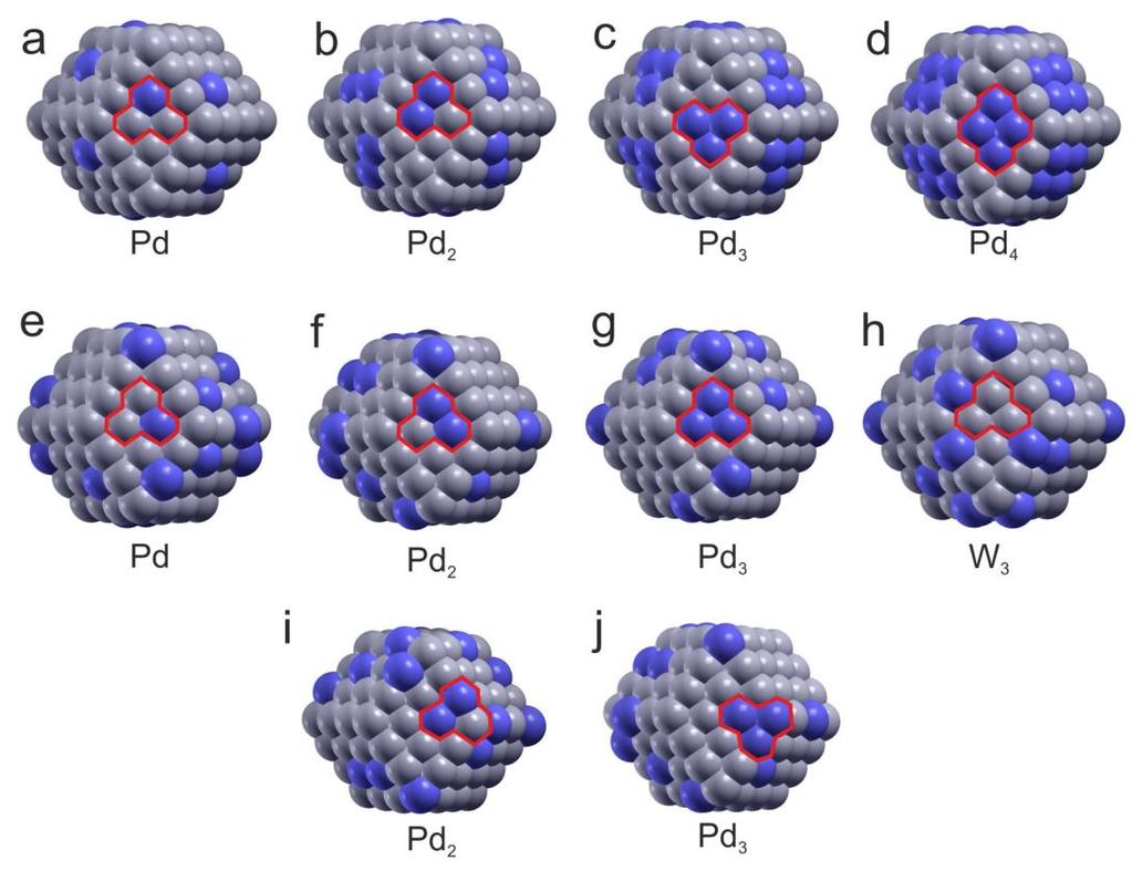 Supplementary Figure 14 Molecular models of Pd-W clusters Pd-W nanoparticles (175 atoms) showing different catalytic sites used to calculate the oxygen reduction reaction (ORR) overpotential, and