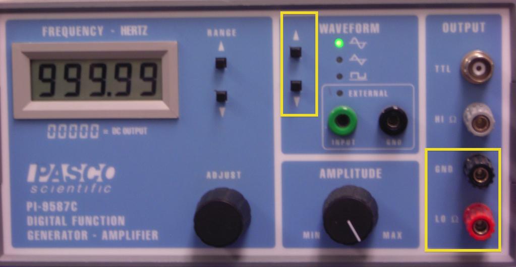 4.7. Procedure Figure 4.10: The Signal Generator produces output of a frequency you can control with the Adjust knob in the middle, reading out the frequency in Hertz in the window.