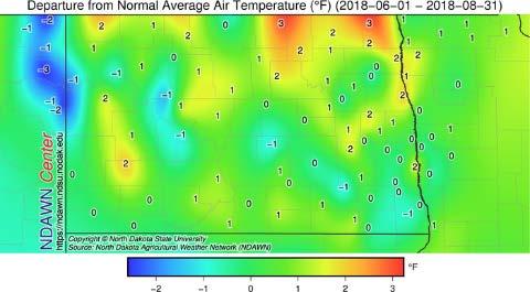 Temperature The average North Dakota temperature for the season (June 1 through Aug. 31, 2018) was 68.1 F, which was 28.1 F warmer than the last season (spring 2018), 0.