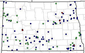 events in the table above in each month. The dots are color-coded for each event (red: tornado; blue: wind; green: hail).