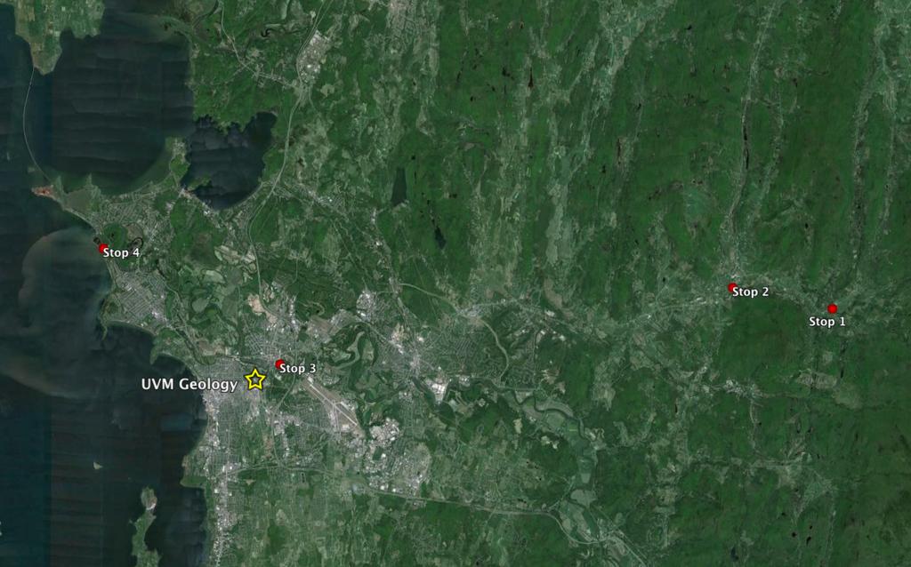 Figure 1. Location of our four stops, overlain on Google Earth Satellite imagery.
