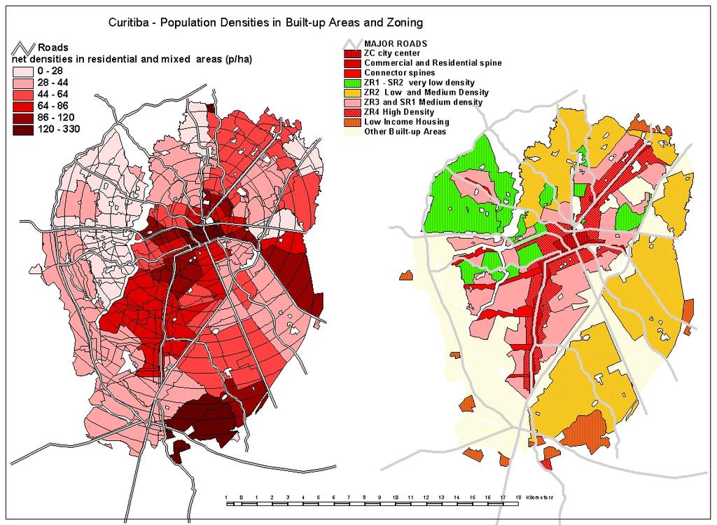 The figure below shows, on the left, Curitiba population density in the built-up areas, and on the right the zoning of residential and commercial areas.