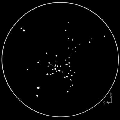 In the 6-inch, I counted 31 stars at 54X, which was pretty comparable to the 10-inch. Overall, a very pleasing cluster in fair skies. My sketch represents the view using a 4.
