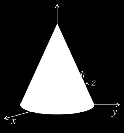 Calculate I z, the moment-of-inertia about the z-axis, of the cone shown. (%i1) /* Break cone into a stack of cylinders of radius r, radial thickness dr and height z.