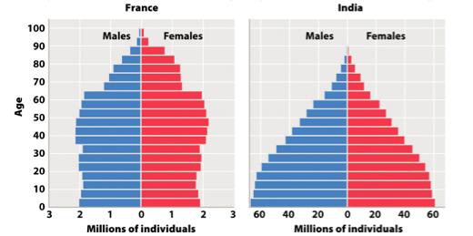 5. Consider the data in the Figure above illustrating the age structure of France and India.