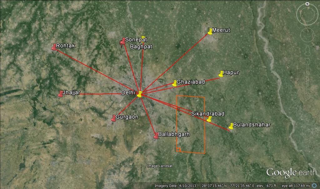 3. Regional setting of Delhi Outside core Delhi, there is its second zone of influence within a radius of 50 miles has 11 tehsils (as shown below) which has economic interdependence upon each other