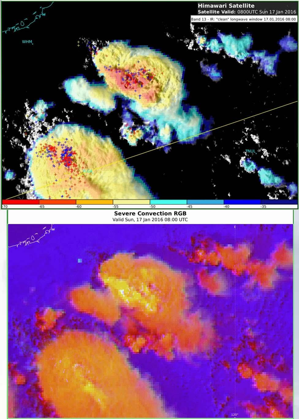 Animation: Storms, northwest Australia, 17 th January 2016 lightning data courtesy Global Position and Tracking Systems Pty Ltd (GPATS) A: Sandwich product and lightning (Himawari 8 10 minute