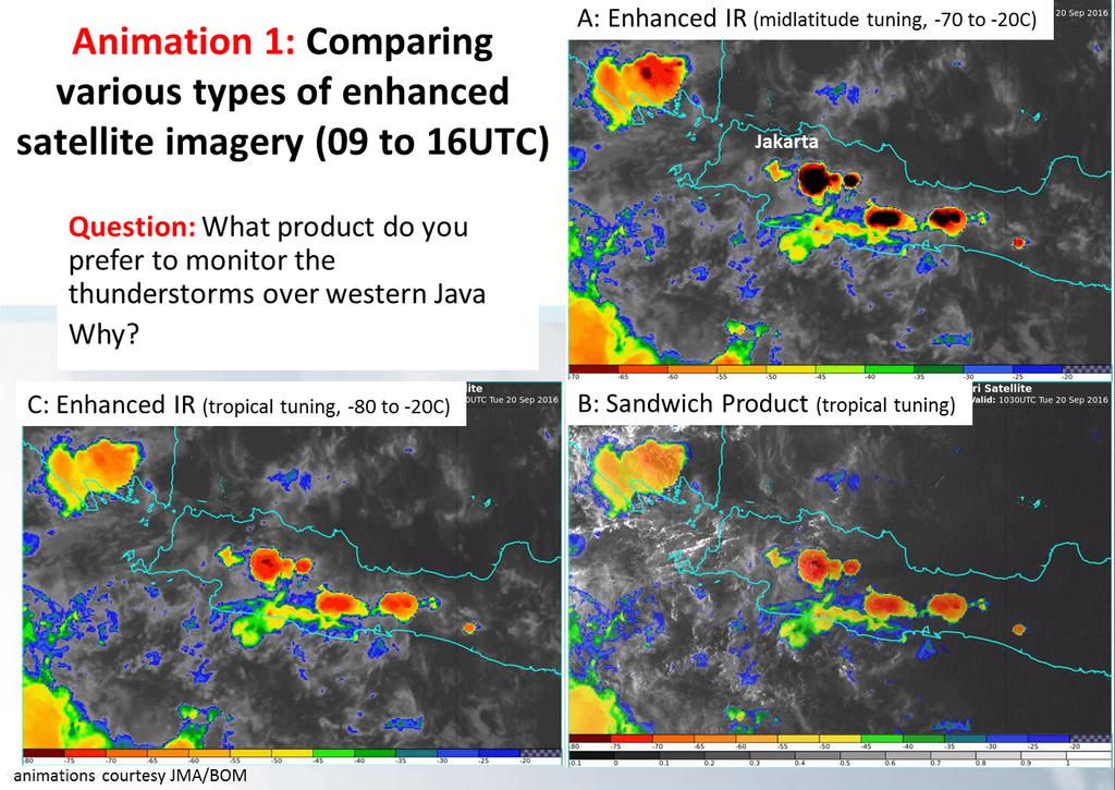 Example 1: Comparing various types of enhanced satellite imagery Java Indonesia, 20 September 2016 (1030UTC) Better monitoring of stormtop