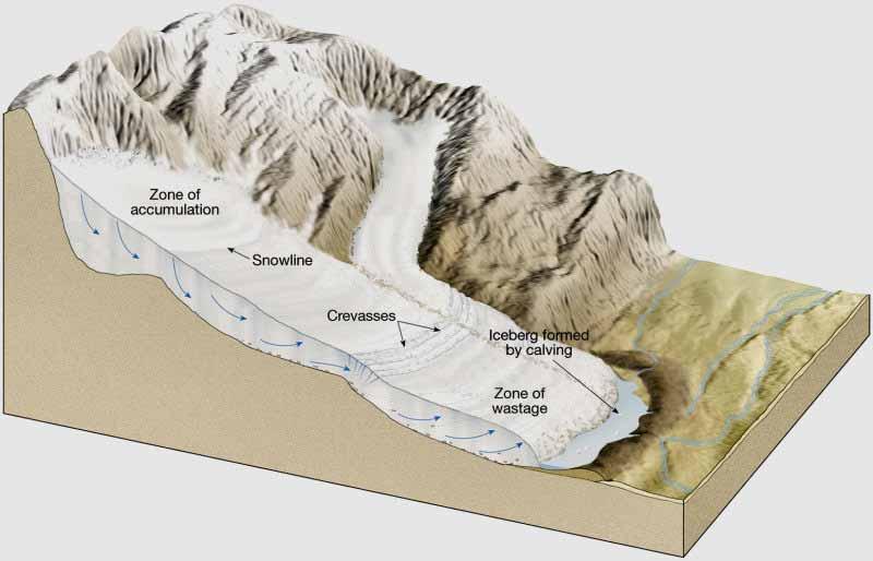 Movement of glacial ice Budget of a glacier Balance, or lack of balance, between accumulation at the upper end of the glacier, and loss at the lower end is referred to as the glacial