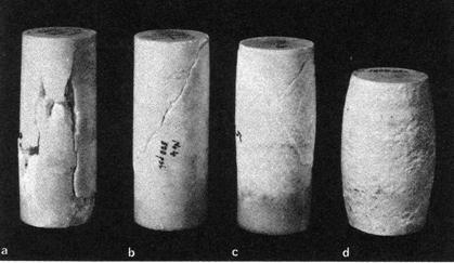 Figure 3.6 Experimental results for rock fracturing in triaxial tests. (a) Ambient pressure. (b) σ c = 3.5 MPa, (c) σ c = 35 MPa, (d) σ c = 100 MPa. From Paterson, 1978. 3.3.3 Coulomb criterion of faulting In Figure 3.