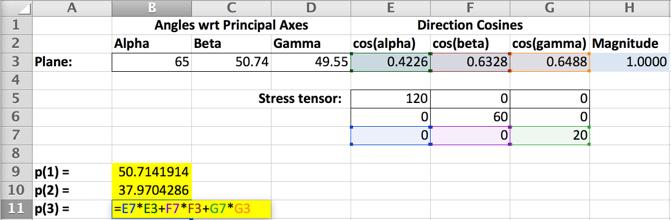 Figure 5.10 spreadsheet for calculating the tractions on a plane whose pole makes angles of alpha, beta, and gamma with respect to the three principal stresses.