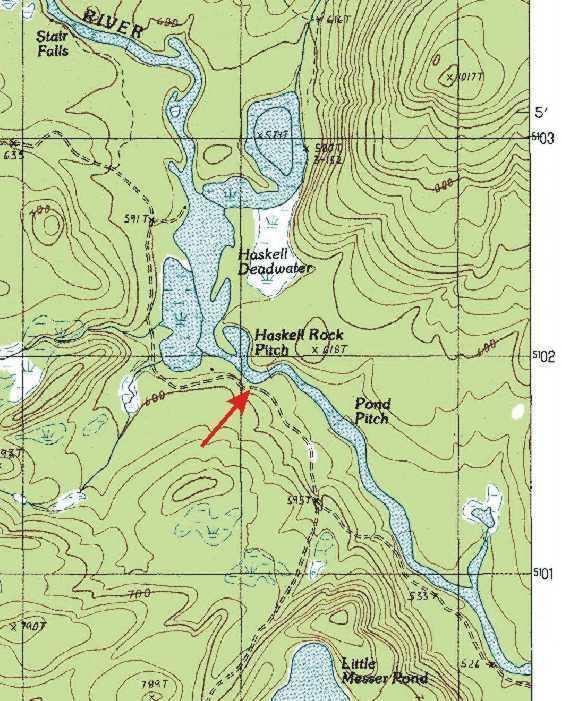 Map by USGS Location The first six miles downstream from the Grand Lake Road are more or less smooth paddling (except for Stair Falls), as far as the Haskell Deadwater.