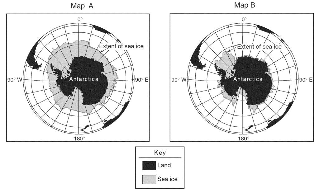 29.The maps below show the amount of sea ice surrounding the continent of Antarctica at two different times of the year.