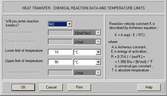 Assuming the simple case of cooling of a water solution in tank with water in jacket, we select No for reaction kinetics and enter limits for temperature of media from 10 to 90 degrees C, as shown in