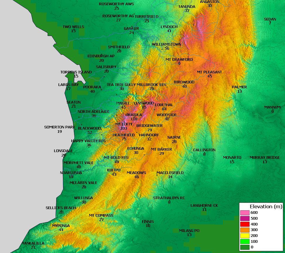 Reference to figure 5d, which shows 24 hour rainfall totals superimposed on topography, provides an indication of the correlation between terrain elevation and rainfall quantity.