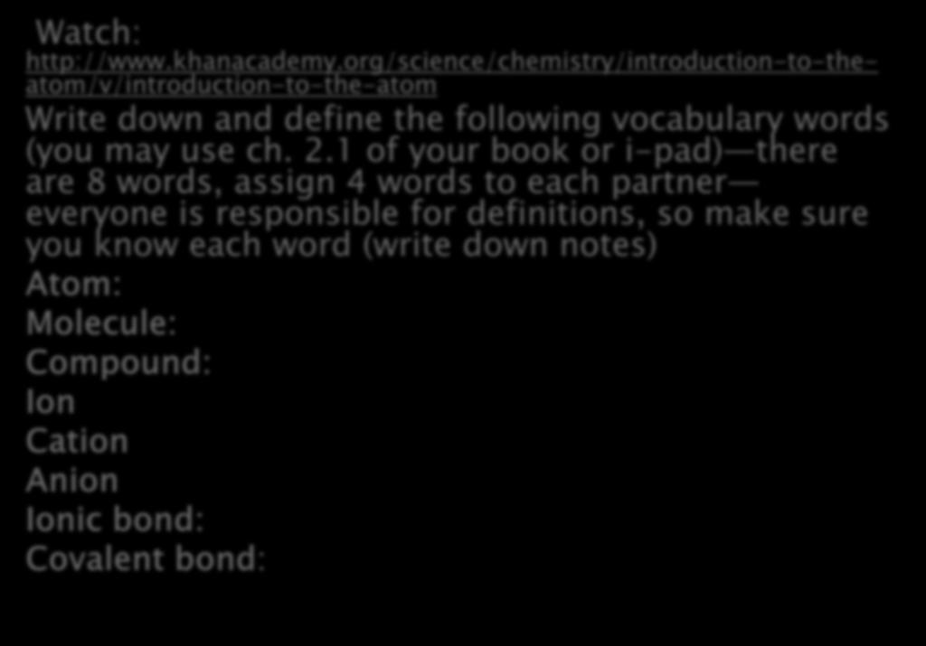 Properties of Atoms Watch: http://www.khanacademy.org/science/chemistry/introduction-to-theatom/v/introduction-to-the-atom Write down and define the following vocabulary words (you may use ch. 2.