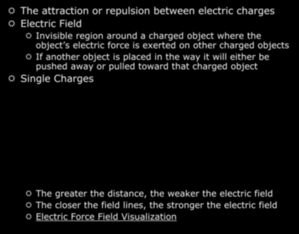 Electric Force The attraction or repulsion between electric charges Electric Field Invisible region around a charged object where the object s electric force is exerted on other charged objects If