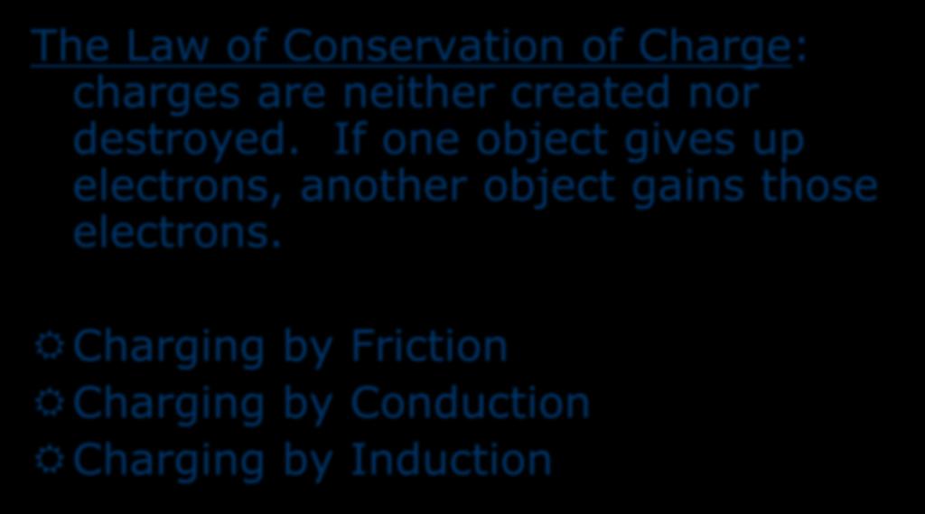 Transferring Charges The Law of Conservation of Charge: charges are neither created nor destroyed.