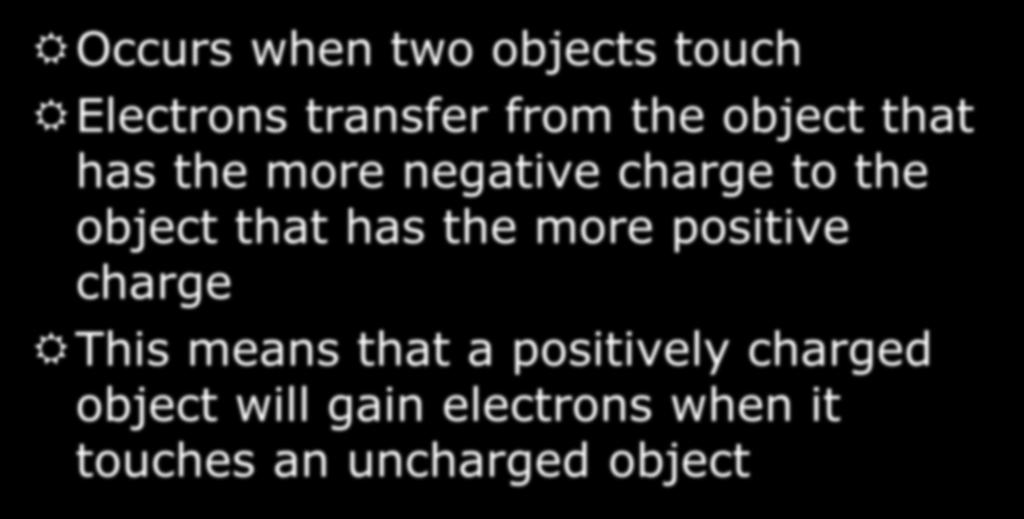 Charging by Conduction Occurs when two objects touch Electrons transfer from the object that has the more negative charge to the