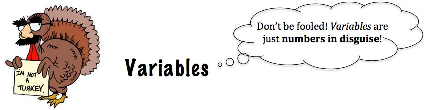 Understanding Variables variable: a variable is a letter that is used to: (1) represent a quantity that we don t know or (2) be a placeholder for the input of one or more numbers.