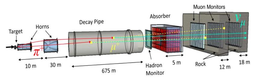 Delivers a 120 GeV/c proton beam with ~35 10 12 protons on targets (POT) per beam spill at ~0.5 Hz. Pions and kaons decay into muon and neutrinos.
