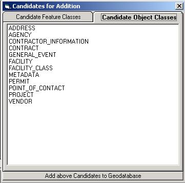 Geodatabase Builder Candidates Window CANDIDATE WINDOW appears immediately after the Add to Candidate List is selected Consists of two panels CANDIDATE OBJECT CLASSES a list of the FMSFIE Object