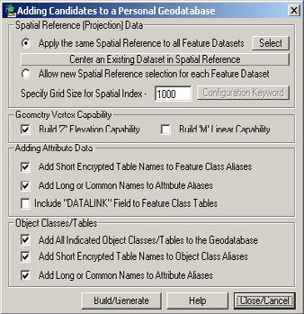 ADD CANDIDATES TO GEODATABASE adds the defined candidate classes to the Geodatabase SPATIAL REFERENCE set it once or for each Feature Dataset GEOMETRY VERTEX CAPABILITY set it depending on your