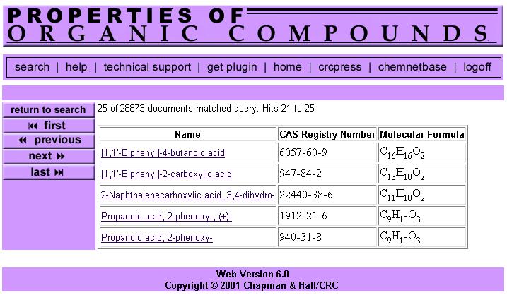 Figure 21. Viewing Search Results: Brief Display Click on name of compound to view full display. Total number of records retrieved in search results is listed at top of page.