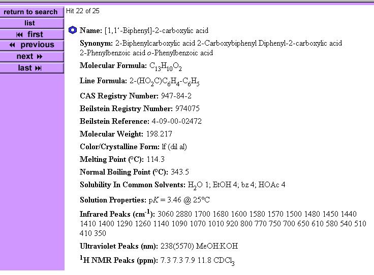 Brief display from each record includes substance name, CAS (Chemical Abstracts) Registry Number, and molecular formula. Substance names are hypertext linked.