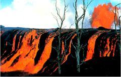 (blocks and volcanic bombs) Calm oozing of magma out of the ground produces lava flows