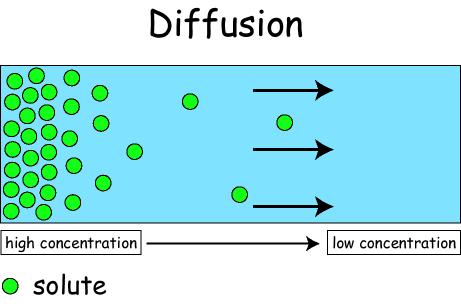 Diffusion in liquids: Substance tend to move or diffuse from regions of higher