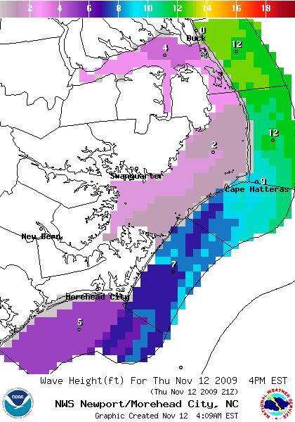 Waves Seas through this afternoon are expected around 10-15 feet, highest along northern waters. The long northeast fetch through Friday afternoon will drive high seas towards the northern OBX.