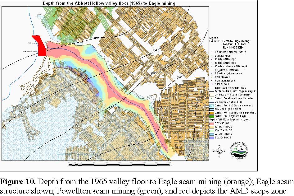 The depth from the valley floor to pre-smcra underground mining The depth of Powellton seam mining occurred essentially above the Abbott Hollow valley floor; however, placement of refuse materials in