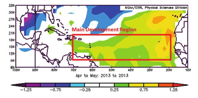 For comparison, Figure 2 shows April to May 2013 SSTs, which were at least 0.