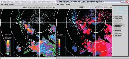 Figure 6: Reflectivity (left) and radial velocity (right) image of storms at nominal time of 2100Z, about 60 min after the incident. Range rings are every 20 km.