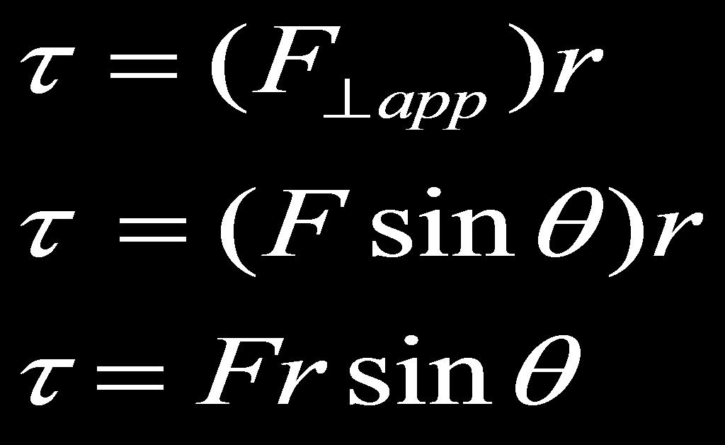 A more general expression for torque is given by the equation: where F is the applied force in Newtons r is the perpendicular distance between the place where the force is applied and the pivot point