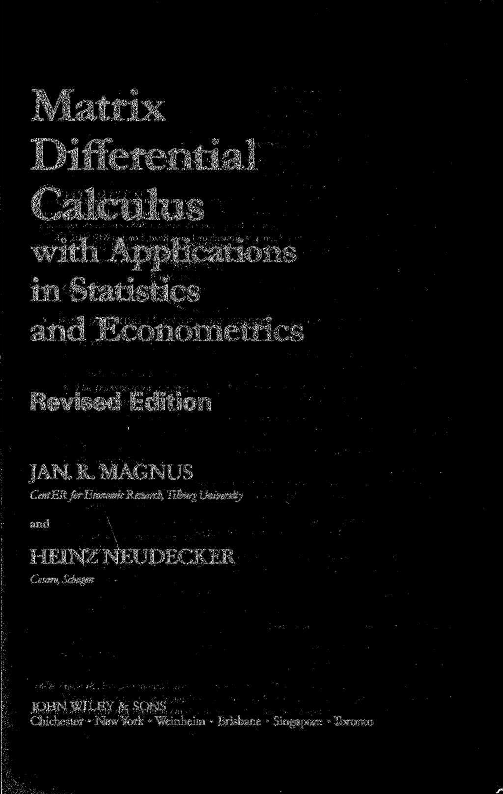 Matrix Differential Calculus with Applications in Statistics and Econometrics Re
