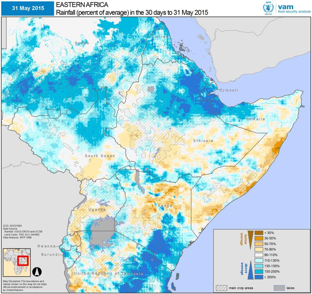 May 2015 rainfall as a percentage of the 20-year average (left). Brown shades for below-average rainfall; blue shades for above-average seasonal rainfall.