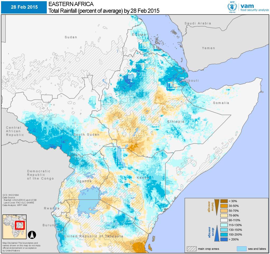 February 2014 rainfall as a percentage of the 20- year average (left). Brown shades for belowaverage rainfall; blue shades for above-average seasonal rainfall.