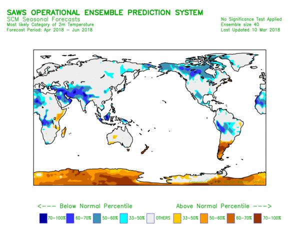 Figure 2: April-May-June global prediction for average temperature probabilities. It is worth mentioning that the SCM levels of skill for the Nino 3.