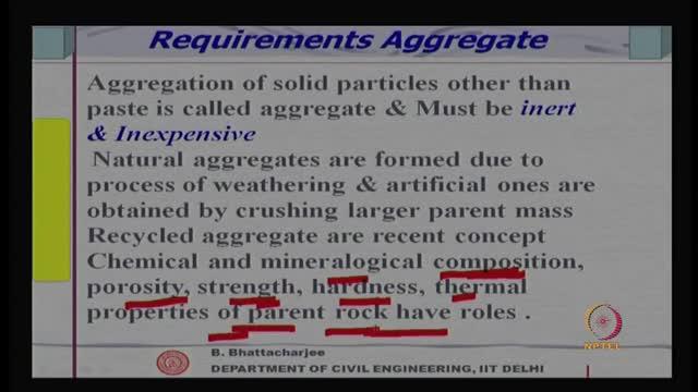 (Refer Slide Time: 01:01) So, aggregation of solid particle other than paste and that is what we call as the aggregates.