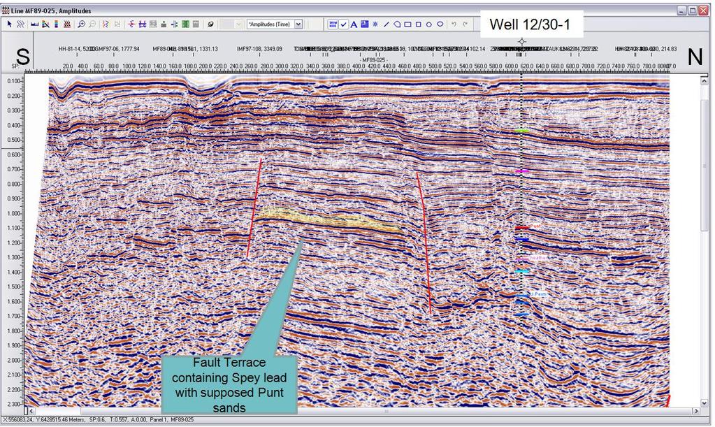 Figure 4 2D Seismic line MF89-025 running roughly N-S across block 12/30 showing trapping geometries and possible reservoir emplacement Reserves Summary Spey Prospect Pinch-out play of Burns sand by