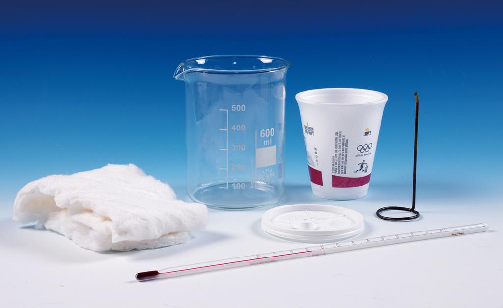 thermometer stirrer expanded polystyrene cup HCl(aq) + NaOH(aq) lid beaker cotton
