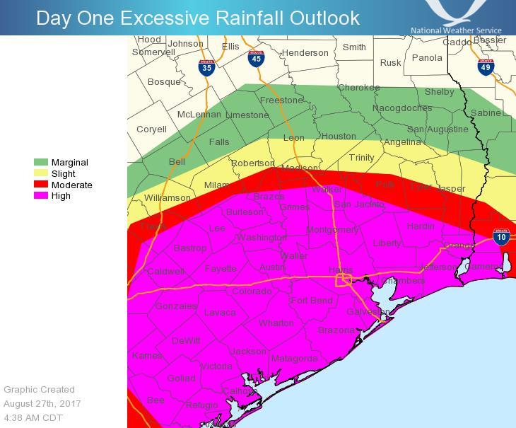 Impacts: Unprecedented flooding for Southeast Texas in High area.