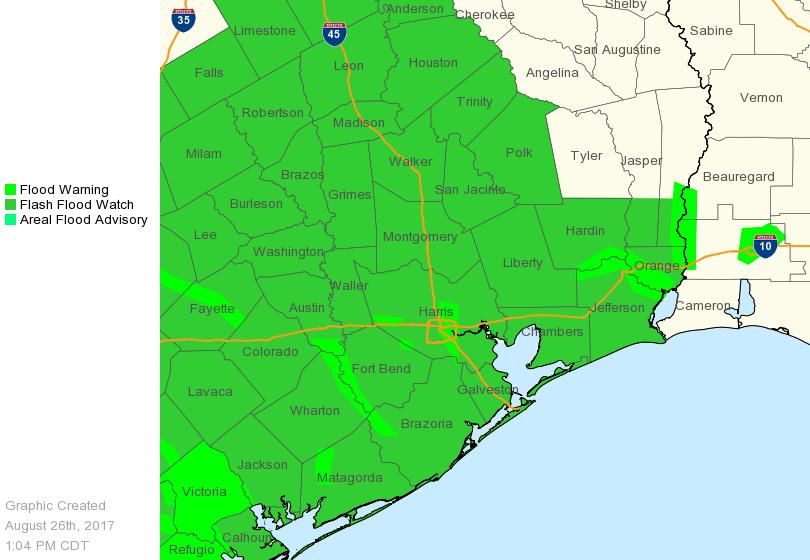 Watches and Warnings (continued) Flash Flood Watch is in effect for all of our forecast area Flash flood threat in effect until further