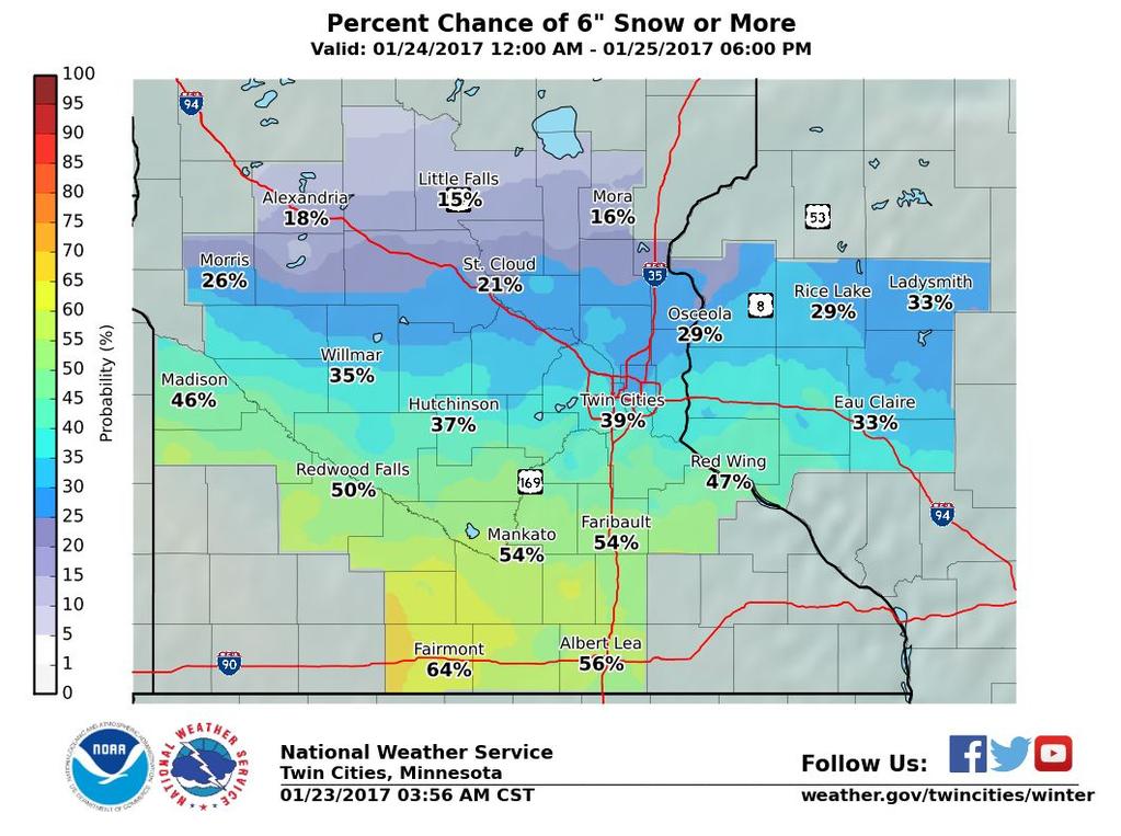 Snowfall Probabilities Chances that the snow will be greater than Mouse over