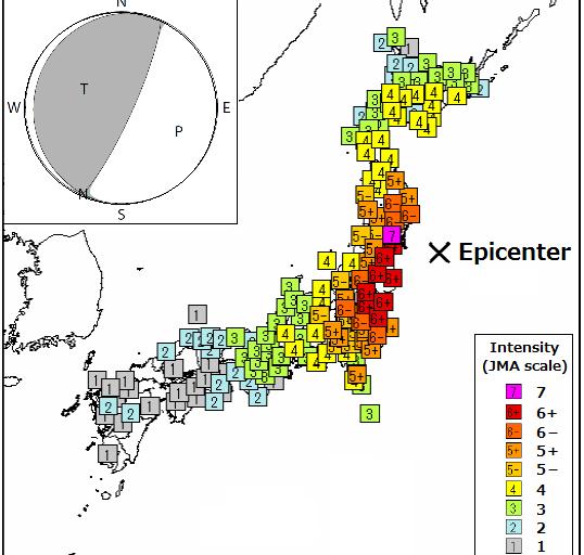 2. Strong ground motion Seismic intensity of 7 in JMA (Japan Meteorological Agency) scale was recorded at Kurihara City, Miyagi Prefecture, and intensities of 6+ or 6- were observed in wide area